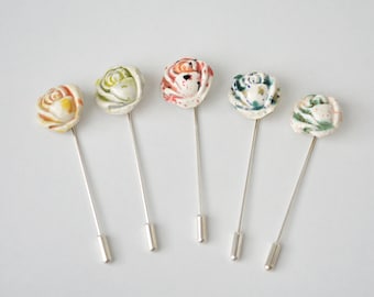 Small ceramic rose flower stick pins. Unique cute mens lapel pin. Wedding boutonniere. Unique gifts for men. ceramic jewelry