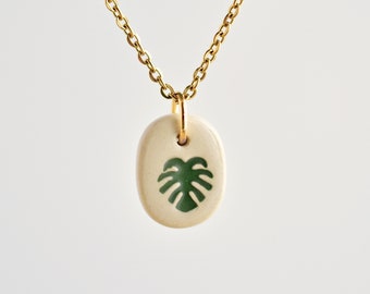 Ceramic monstera leaf pendant necklace. Necklace for every day. Delicate unique handmade jewelry gift for her