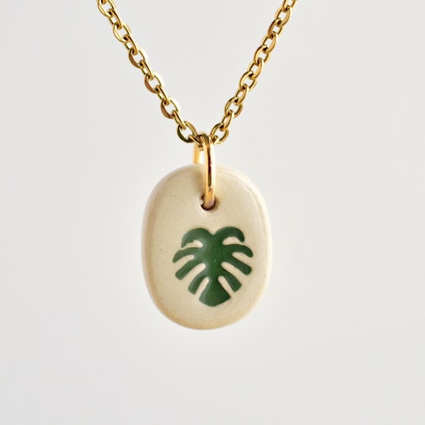 Ceramic monstera leaf pendant necklace. Necklace for every day. Delicate unique handmade jewelry gift for her
