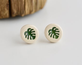 Monstera Deliciosa Porcelain Earrings. Ceramic leaf tack. Delicate handmade botanical jewelry gift for her