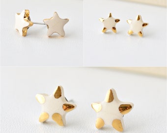 Porcelain and gold earrings. Ceramic starfish studs. Delicate handmade summer jewelry gift for her