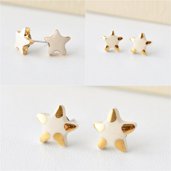 Porcelain and gold earrings. Ceramic starfish studs. Delicate handmade summer jewelry gift for her