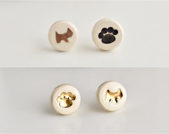 Whimsical and fun porcelain and gold Yorkie dog earrings. Ceramic studs of mismatched animals. Handmade jewelry