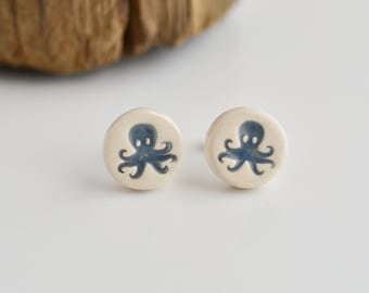 Octopus earrings stud. Ceramic animal earrings. Dainty and cute ceramic handmade jewelry for women. Ocean animal lover gifts.