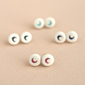 Small ceramic moon stud earrings. Cute colorful engraved moon clay studs. Handmade summer jewelry for her