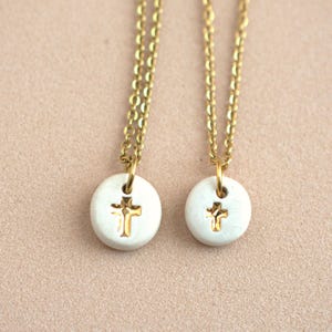 Small gold cross necklace. Delicate hand-painted ceramic pendant. Christian jewelry confirmation gifts for women and girls.