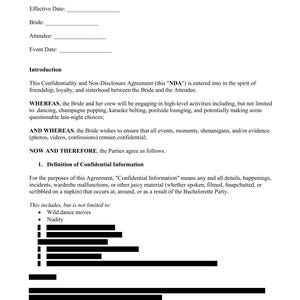 May include: A white document titled "BACHELORETTE NON-DISCLOSURE AGREEMENT" with fill-in-the-blank fields for effective date, bride, attendee, and event date. The document outlines confidential information, including wild dance moves and nudity.