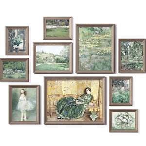 NEUTRAL GREEN GALLERY Wall Art Set, Set of 10 Prints, Vintage Wall Art Set, Antique Prints Vintage Aesthetic Decor, Green Wall Art Greenery