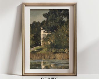 Vintage Cottage by the Lake Print, Antique Landscape Wall Art, Antique Oil Painting, Printable Wall Art, Lake House Decor, Cottagecore Decor