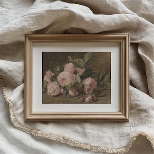Pink Roses Wall Art Antique Flower Oil Painting, Wall Art Vintage Flower, Wall Art Pink, Floral Nursery Printable Wall Art Vintage Decor