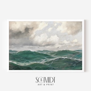 Vintage Seascape Print, Moody Green Ocean Painting, Coastal Beach House Decor, Printable Wall Art Digital Download, Living Room Wall Art