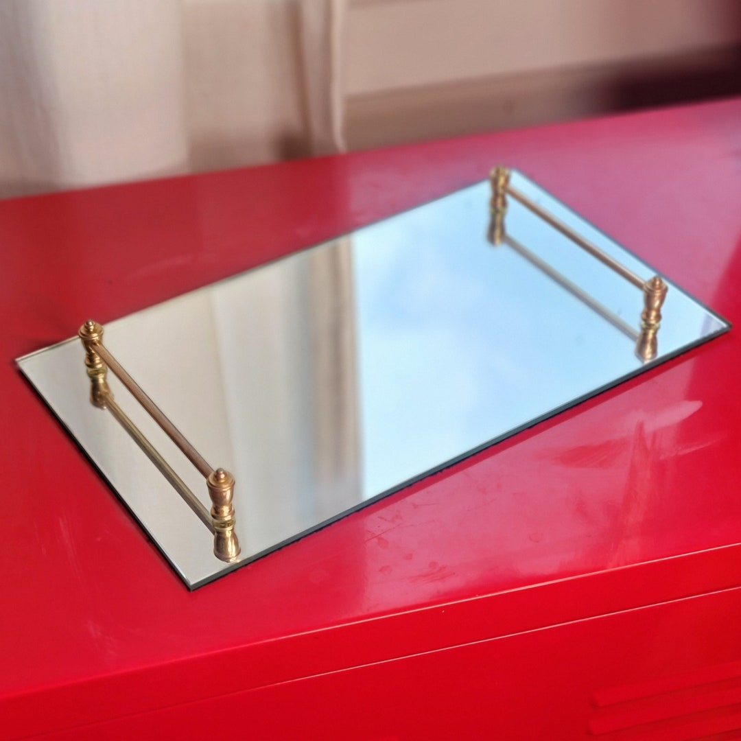 Rectangular Mirrored Vanity Tray With Gold Metal Handles, Perfume Tray, Dresser Tray, Vanity