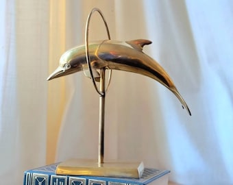 11" Aged brass dolphin jumping through hoop statue, brass dolphins, vintage dolphin figurine, dolphin sculpture, brass dolphin statue