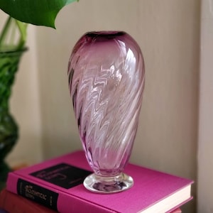 Amethyst swirl blown glass bud vase signed by artist, hand blown glass, art glass vase, swirl glass vase, swirl vase, purple glass vase