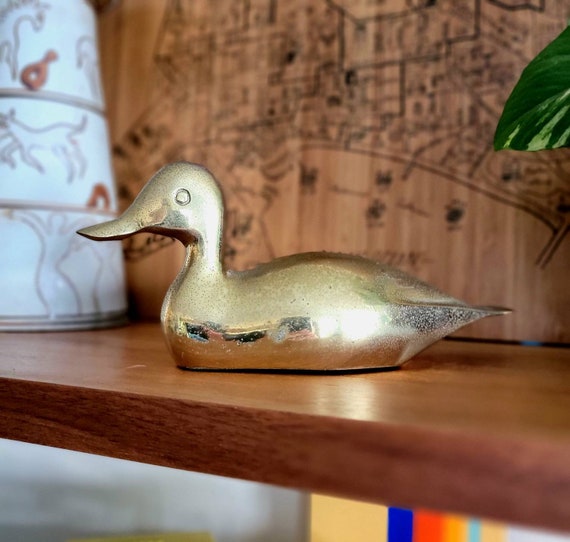 Aged Heavy Brass Duck Statue, Vintage Brass Duck, Brass Figurine