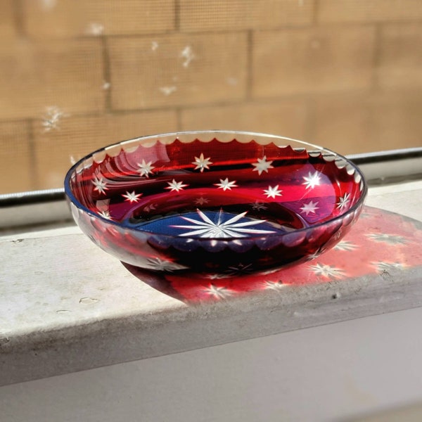 Czech cut to clear ruby glass star dish, Czech bohemian glass, ruby red glass, cut to clear glass, ruby cut to clear bowl, bohemian Czech