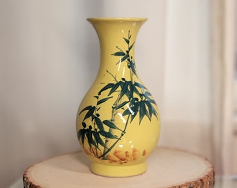 Hand painted bamboo dayglow yellow ceramic vase, mid century vase, hand painted vase, 1960s vase, vintage asian decor, vintage asian vase
