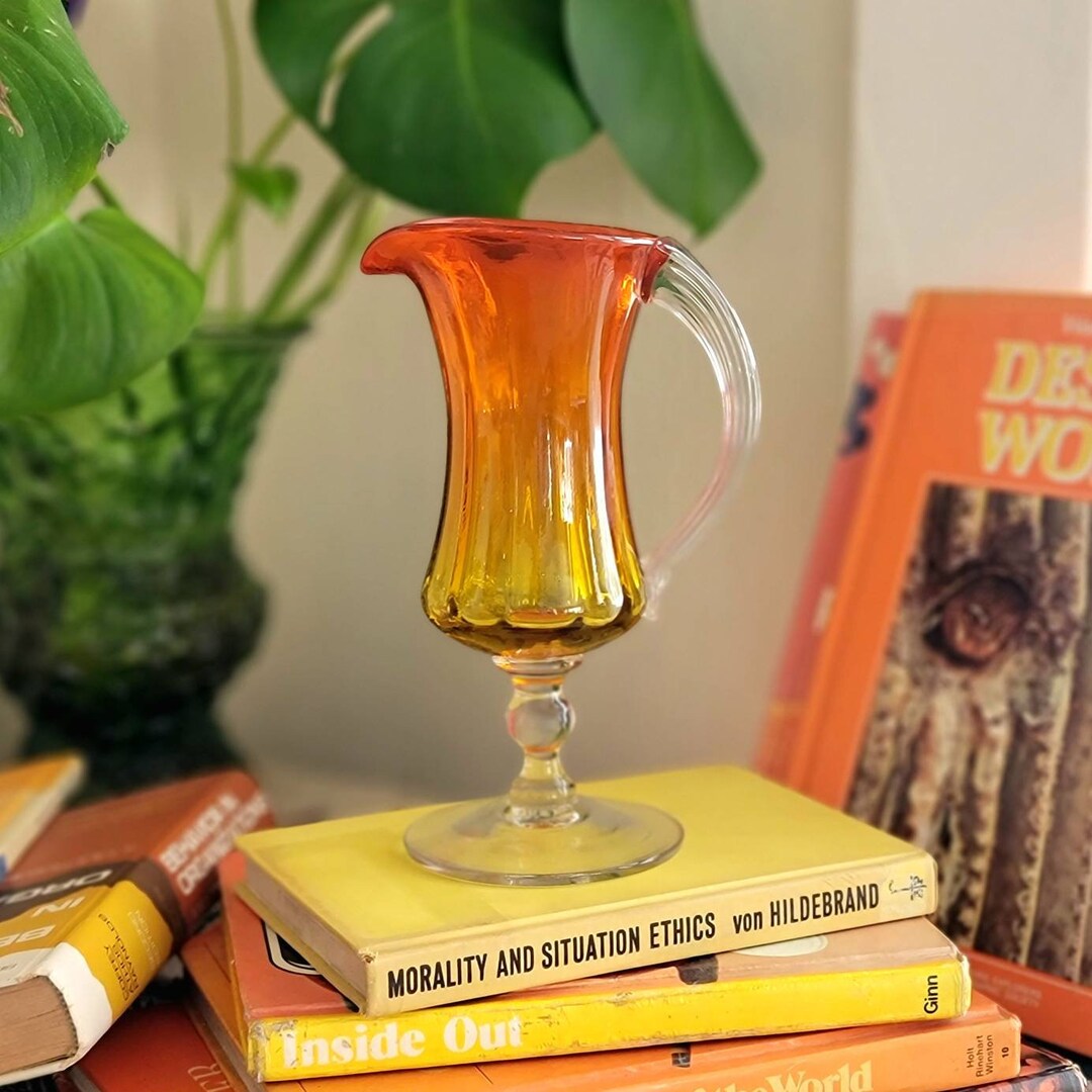 Amberina Hand Blown Cadmium Glass Pitcher W/ Applied Handle, Amberina