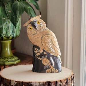 Highly detailed hand carved horn owl w/ rose, hand carved owl figure, owl sculpture, owl statue, owl figurine, vintage owl, carved bird