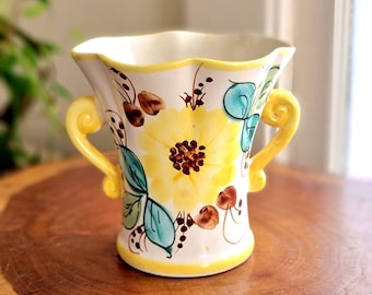 Portuguese majolica hand painted floral ceramic vase, Portuguese pottery, Portugal pottery vase, hand painted vase, yellow ceramic vase