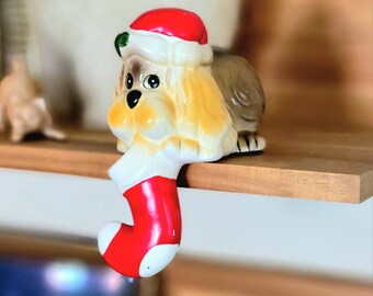 80s House of Lloyd puppy dog ceramic stocking holder, dog stocking holder, Christmas mantle, vintage stocking hook, stocking hanger