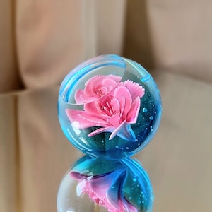 Pink blossom aqua heavy glass paperweight, vintage paperweight, flower paperweight, floral paperweight, pink flower glass, round paperweight