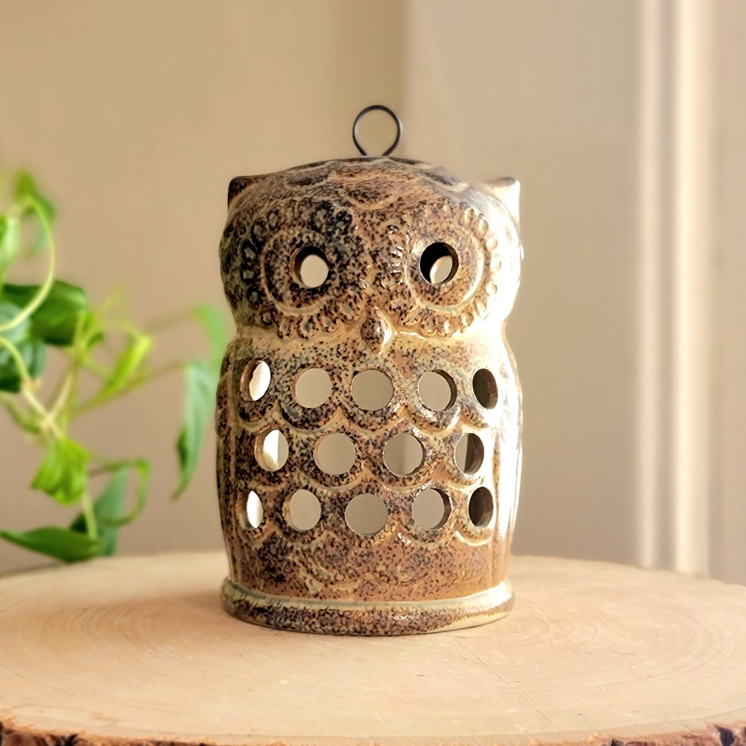 70s Speckled Stoneware Owl Hanging Votive Candle Lantern 70s