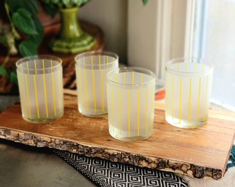 80s Set of 4 Katja for Cora lemon stripe highball tumblers, old fashioned glass, lowball glasses, vintage Towle Katja, Katja by Towle Glass