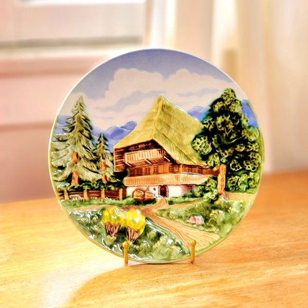 Cico West Germany majolica 3D forested farmhouse ceramic hanging plate, vintage majolica plate, chalet plate, cottage plate, scenery plate