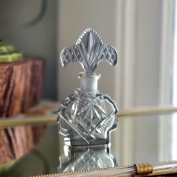 Antique fleur de lis cut glass smoky perfume bottl
