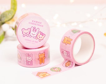 Kawaii Christmas Animal Pink Washi Tape | Cute Journal & Scrapbook Supplies  | Christmas Gift Wrapping