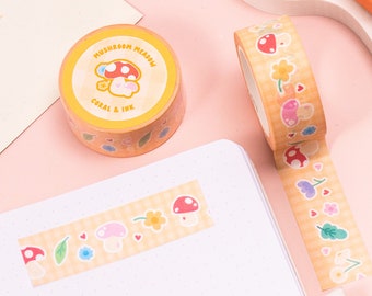 Kawaii Mushroom Washi Tape, Cute Journal Stickers, Craft Tape, Journal Supplies, Bujo Supplies, Scrapbook Stickers, cottagecore stationary