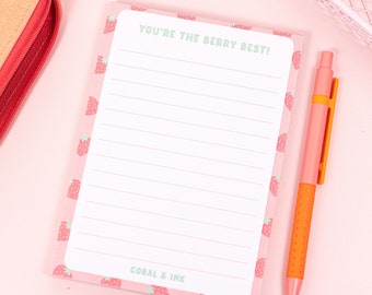 cute strawberry ruled notepad a6, kawaii stationary, memo pad cute, cute stationery, to do list pad, a6 notepad planner, cute quote