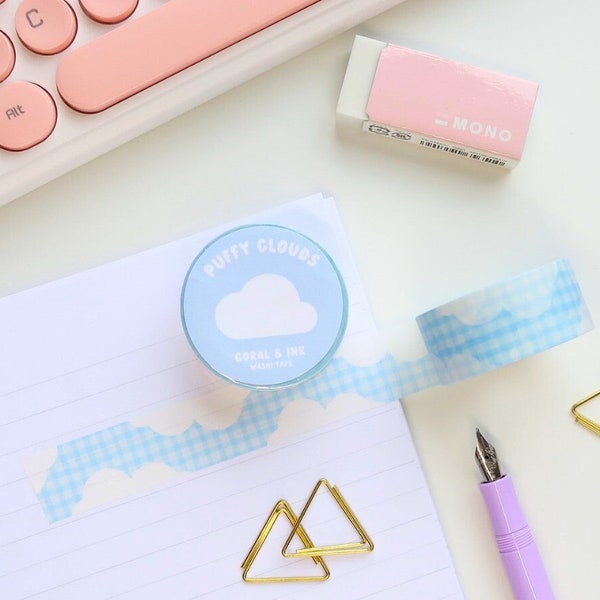 kawaii cloud gingham blauwe washi tape, journaling stickers, dagboek en plakboekbenodigdheden, decoratieve tape, schattig Japans briefpapier