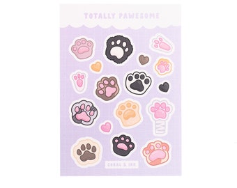 cute animal paw stickers, kawaii aesthetic sticker sheet, journal supplies, bujo sticker sheet, planner stickers, scrapbooking stickers