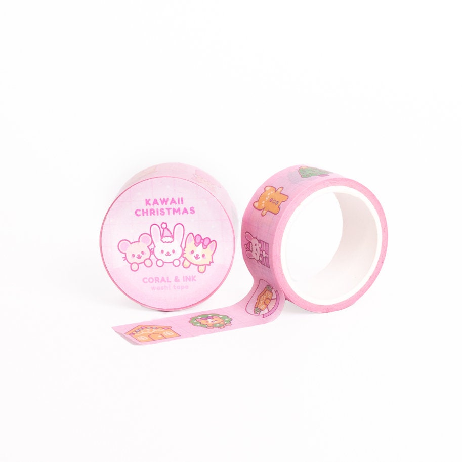 Kawaii Christmas Animal Pink Washi Tape | Cute Journal & Scrapbook Supplies  | Christmas Gift Wrapping