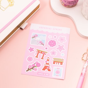 かわいい日本の桜のステッカー、かわいい美的ステッカーシート、ジャーナル用品、bujoステッカーシート、かわいい文房具、スクラップブッキングステッカー