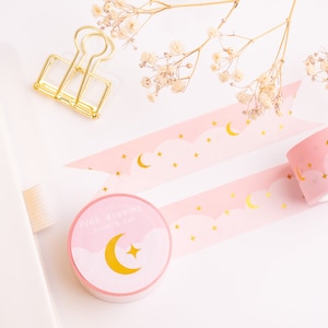 Aesthetic Pink Dreams Washi Tape | Cute Moon and Stars Gold Detail Washi Tape