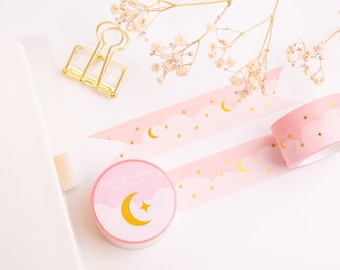 Aesthetic Pink Dreams Washi Tape | Cute Moon and Stars Gold Detail Washi Tape