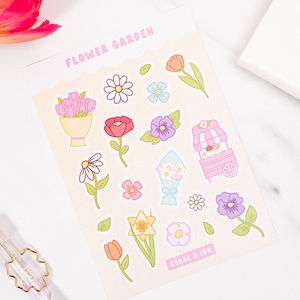 cute flower stickers, kawaii aesthetic floral sticker sheet, journal supplies, bujo sticker sheet, planner stickers, scrapbooking stickers