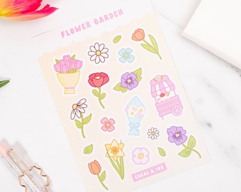 cute flower stickers, kawaii aesthetic floral sticker sheet, journal supplies, bujo sticker sheet, planner stickers, scrapbooking stickers
