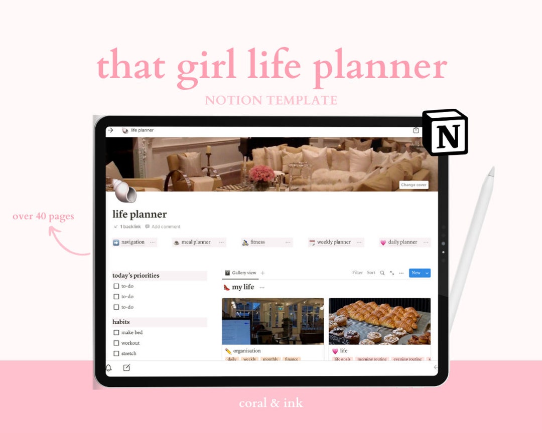 Notion All in One Aesthetic Life Planner, That Girl Notion Template ...