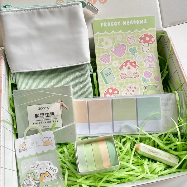 Green Stationery Box, Kawaii Stationary set, Cute Stationery Gift Set