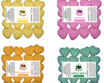 Cera perfumada que derrite mini corazones (sorbete de limón, naranja especiada, chicle, especia de manzana) cera de soja perfumada que se derrite para cera Aromas de frutas 4x 40g