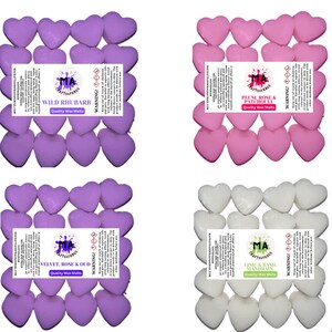 Scented wax melts mini hearts (wild rhubarb,velvetrose and oud,plumrose+ patcholi,Lime&Basil Inspired) scented soy wax of Flower scents4x40g