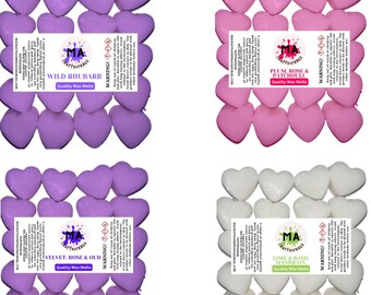 Cera perfumada que derrite mini corazones (ruibarbo silvestre, aterciopelado y oud, ciruela+ pachuli, inspirada en lima y albahaca) cera de soja perfumada de aromas florales 4x40g