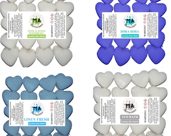 Cera perfumada que derrite mini corazones (Lime & Basil Inspired, Linen Fresh, Avo Bath, Bora Bora) cera de soja perfumada que se derrite para cera Fragancias frescas 4x 40g