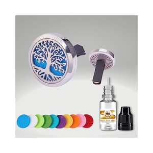 May include: A silver car air freshener with a blue tree of life design. The set includes a bottle of essential oil, a pack of felt pads in various colours, and a clip-on diffuser.