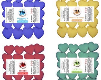 Cera perfumada que derrite mini corazones (arándano y vainilla, cereza, coco y mango, vainilla) cera de soja perfumada que se derrite para cera Aromas de frutas 4x 40g