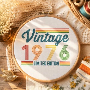 Vintage birth year cross stitch pattern, personalized year embroidery, year of birth needlepoint gift idea in retro style (PDF chart)